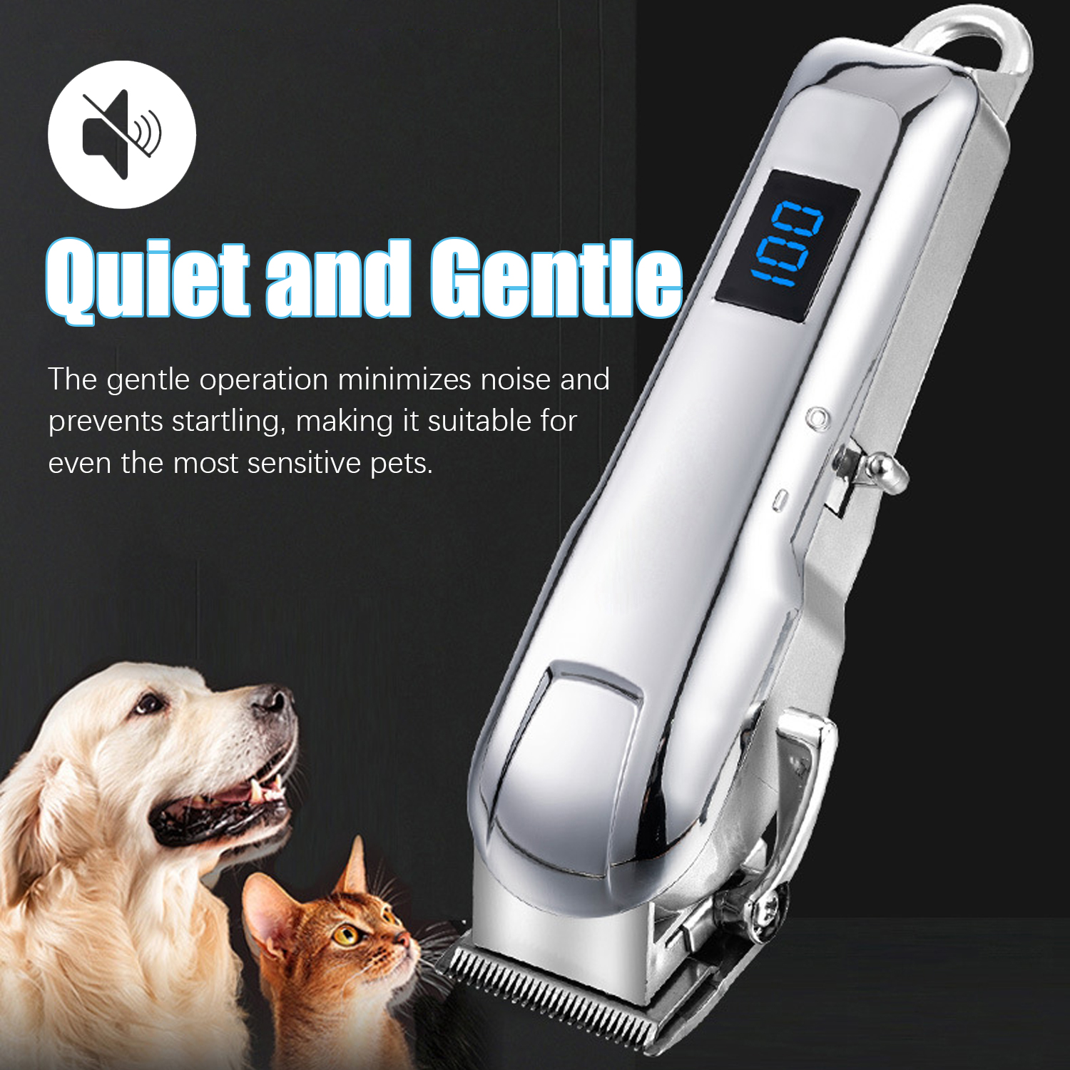 Srebrna maszynka do strzyżenia zwierząt z cyfrowym wyświetlaczem i tekstem, obok psa i kota.