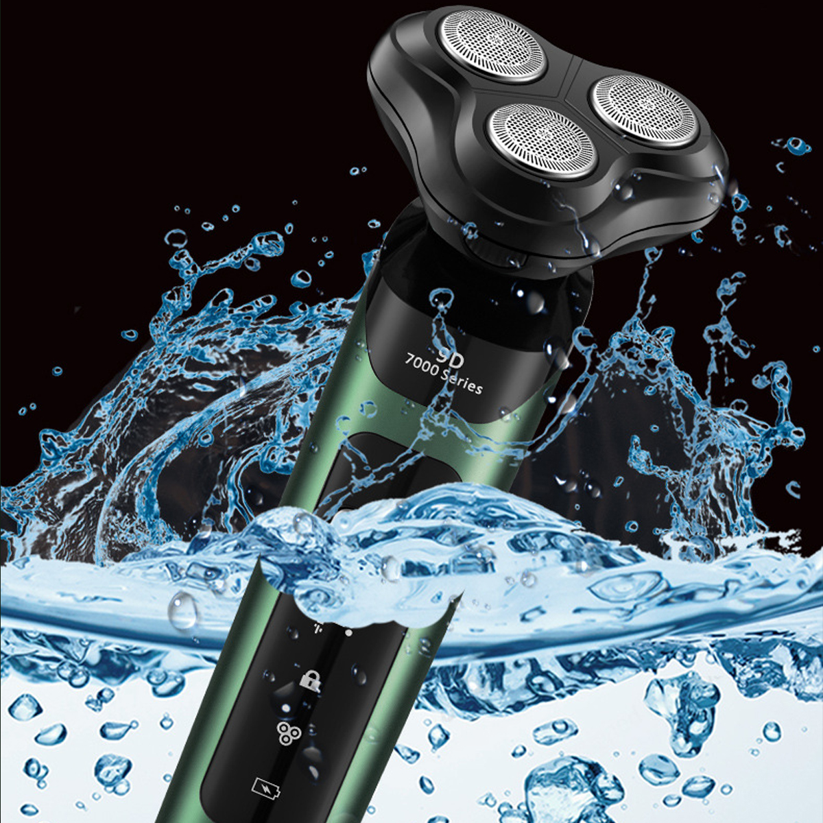 Elektrischer Rasierer mit grünen Details und Wasserspritzern. Schwarzer Hintergrund.