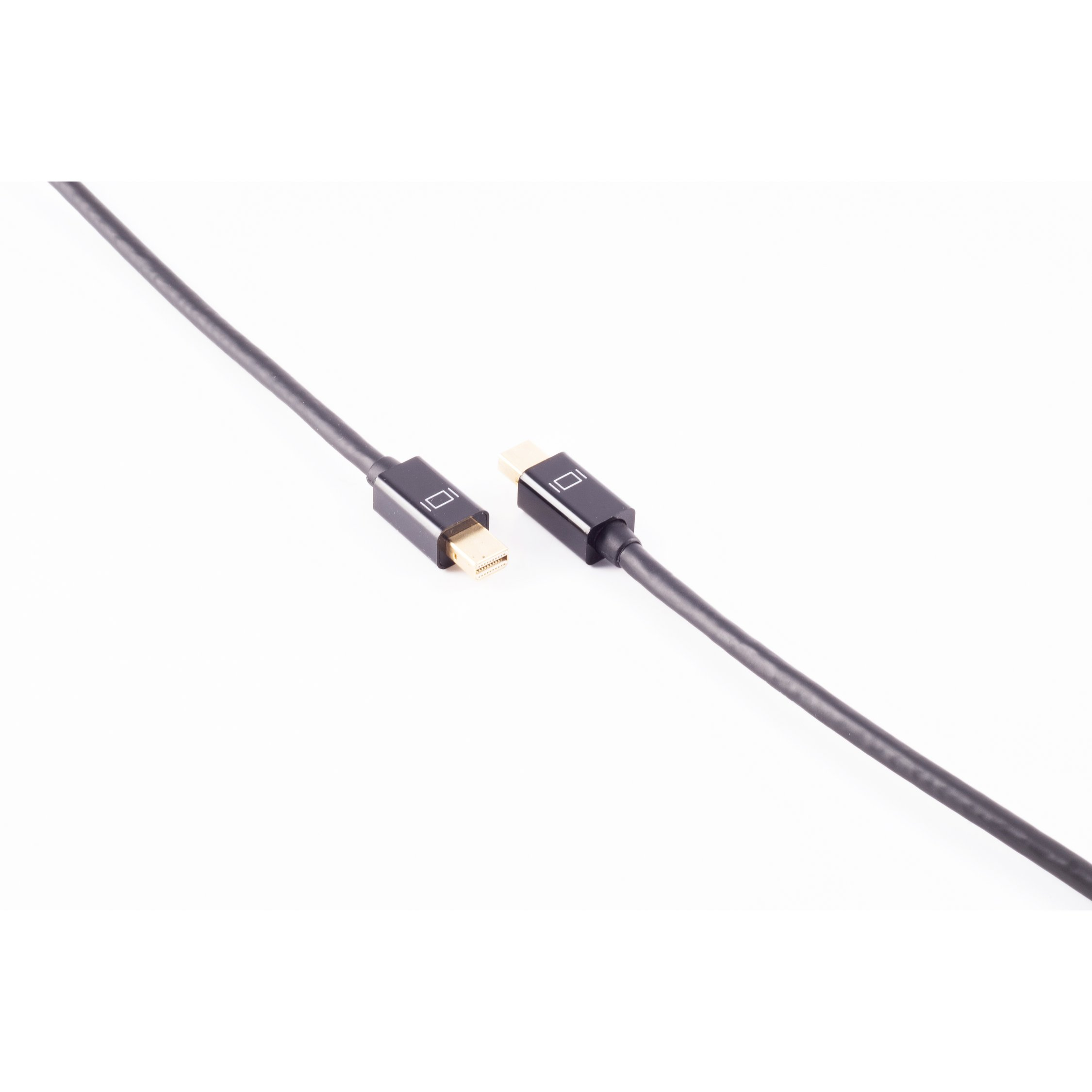 Schwarzes DisplayPort-Kabel, zwei Enden verbunden. Weißer Hintergrund, professionelles Aussehen.