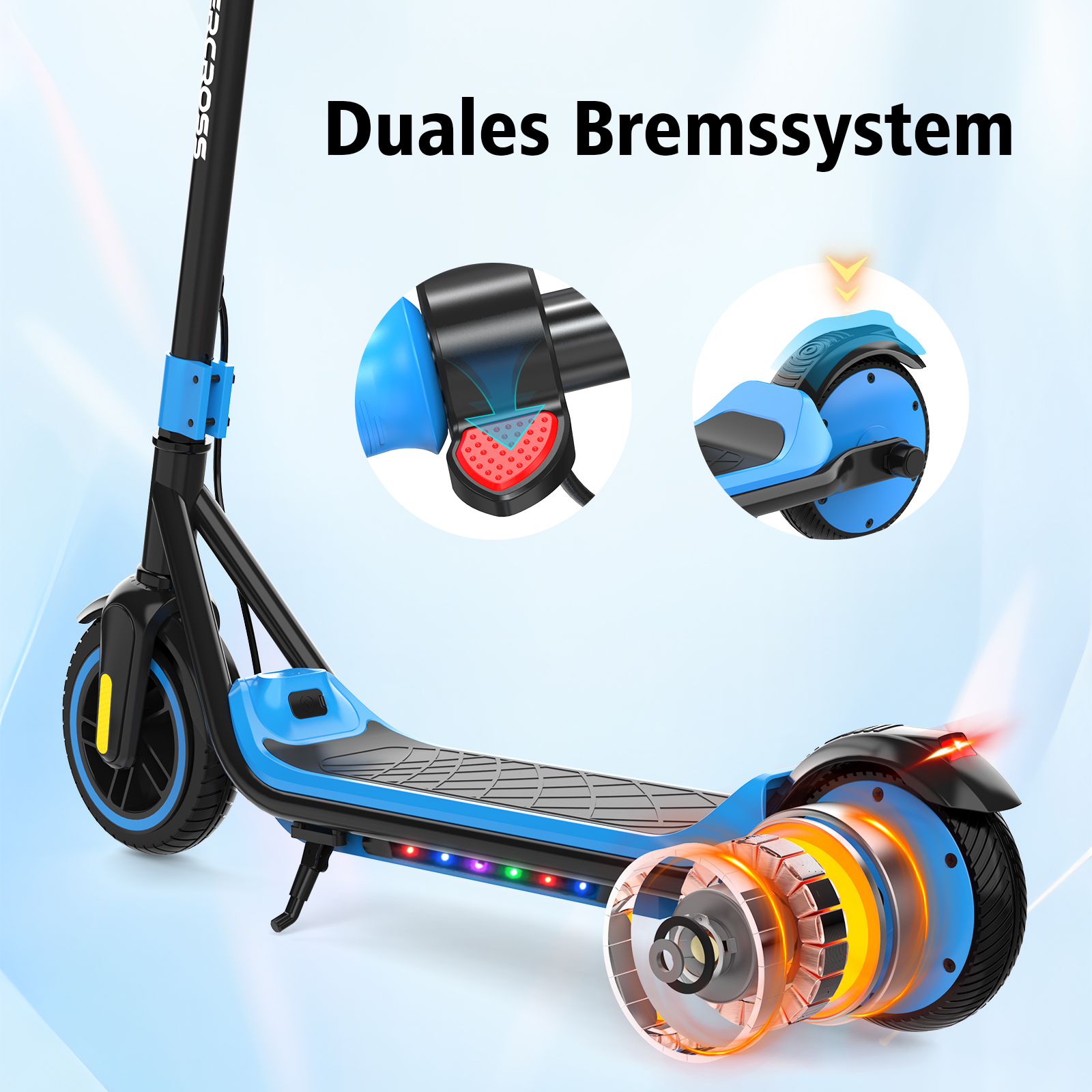 Elektroroller, blau und schwarz, mit detaillierter Darstellung des doppelten Bremssystems.