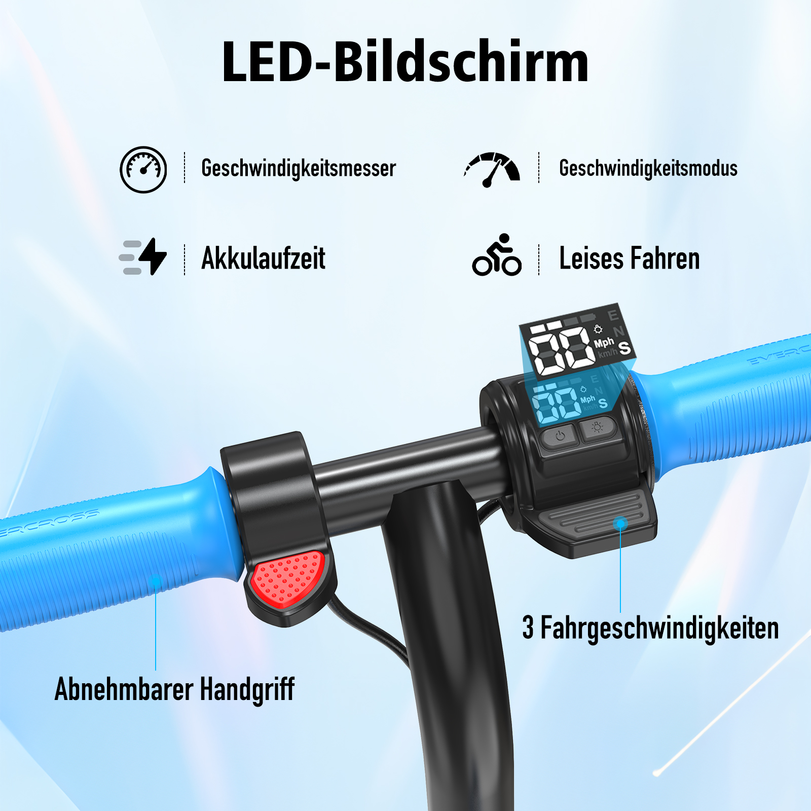 Nahaufnahme des Lenkerdisplays eines Elektrorollers, das Geschwindigkeit und Akkulaufzeit anzeigt.