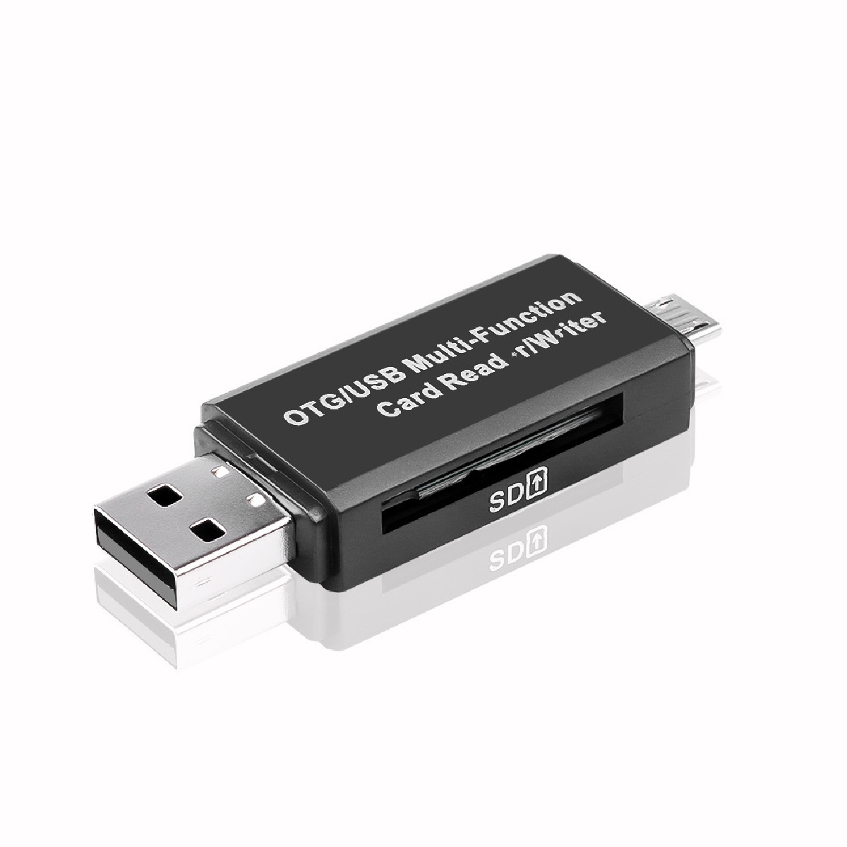OTG/USB Multi-Funktions-Kartenleser in Schwarz. Es hat einen SD-Kartensteckplatz und einen USB-Anschluss.