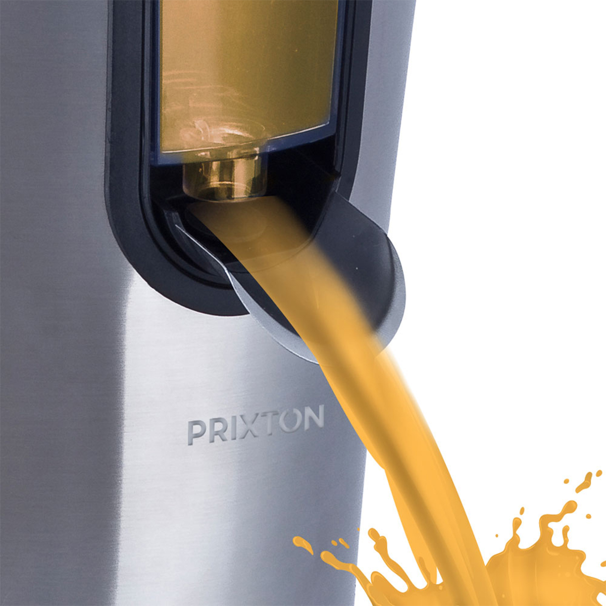 Sokowirówka wylewa sok pomarańczowy. Sokowirówka jest ze stali nierdzewnej. Sok pomarańczowy rozpryskuje się.