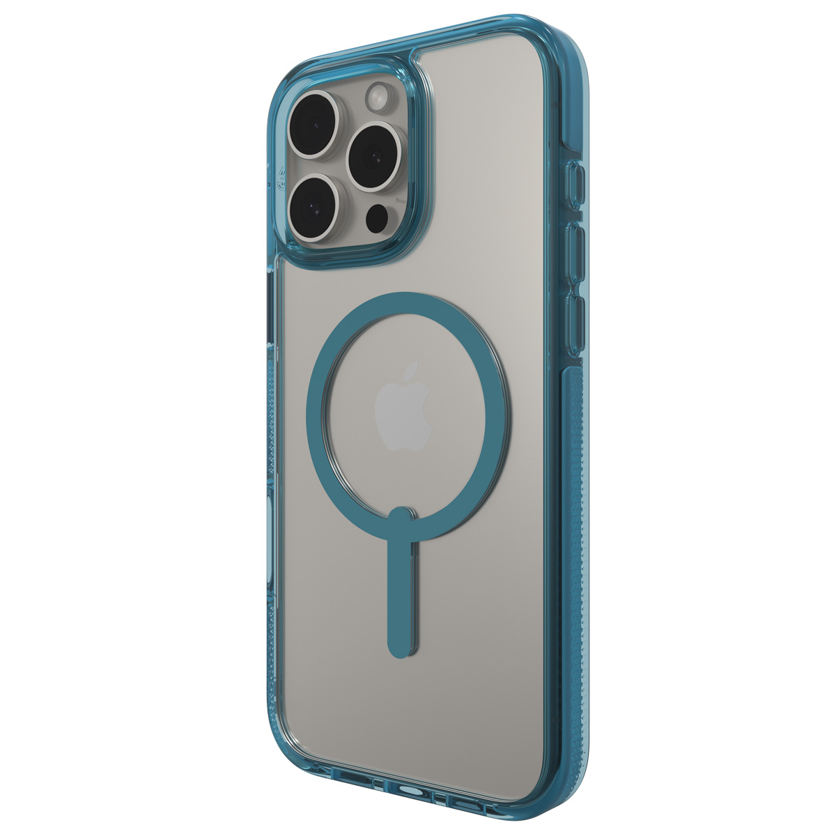 Transparante telefoonhoes met blauw frame. De telefoon heeft 3 camera's.