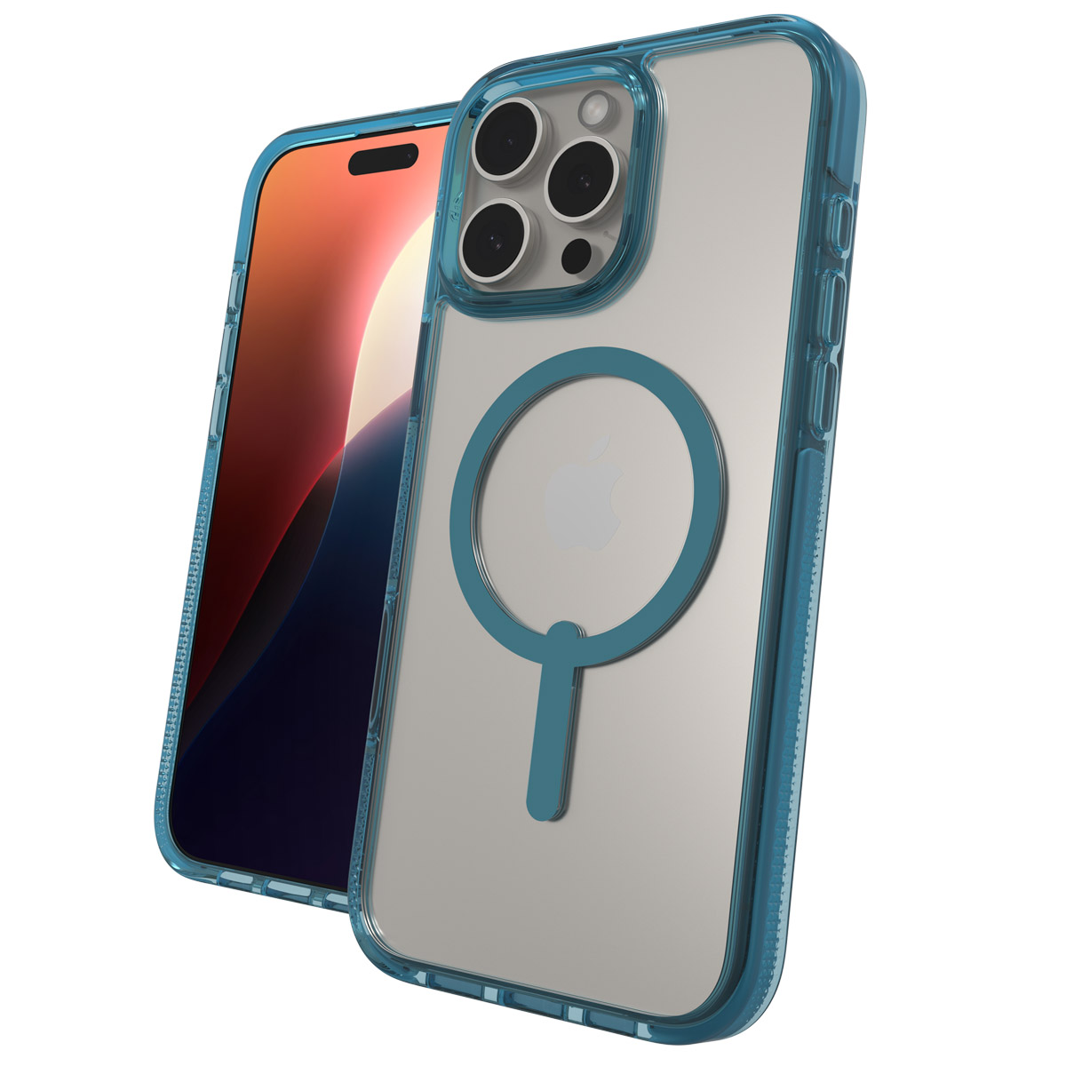 Blauwe telefoonhoes met een doorzichtige achterkant. De telefoon is gedeeltelijk zichtbaar.
