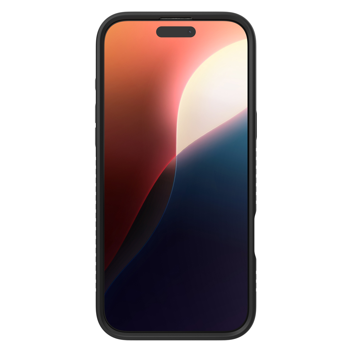 Ein iPhone in einer schwarzen Hülle, das den Bildschirm mit einem farbenfrohen abstrakten Bild zeigt.