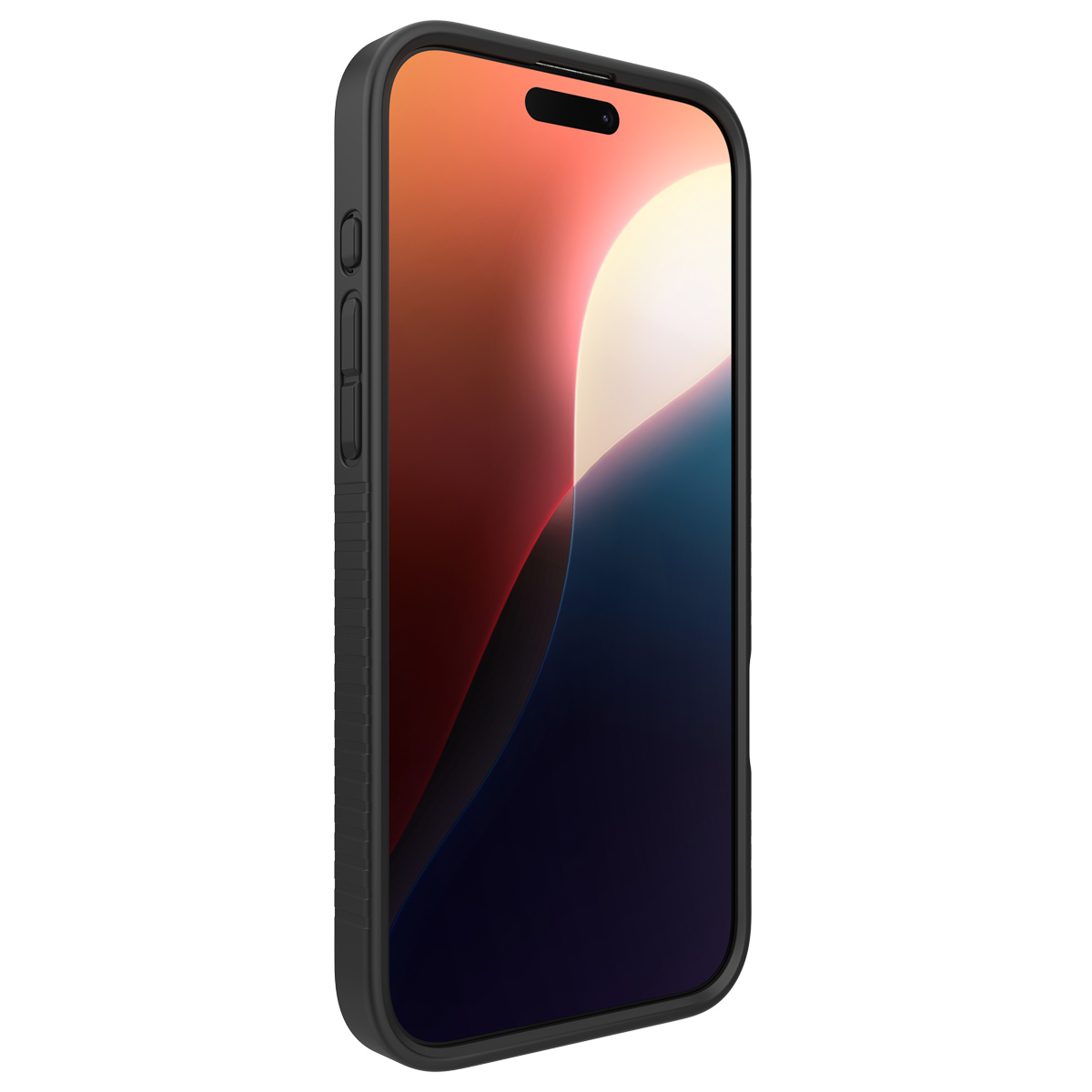 Schwarzes Telefon mit schwarzer Hülle. Das Display zeigt ein abstraktes Hintergrundbild. Weißer Hintergrund.