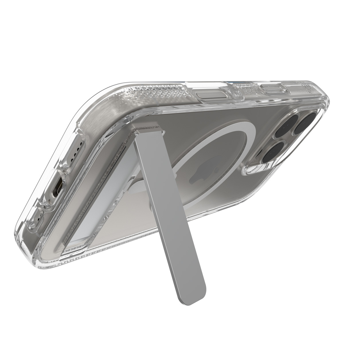 Transparente Handyhülle mit Ständer. Telefon ist drin. Der Ständer ist silber.