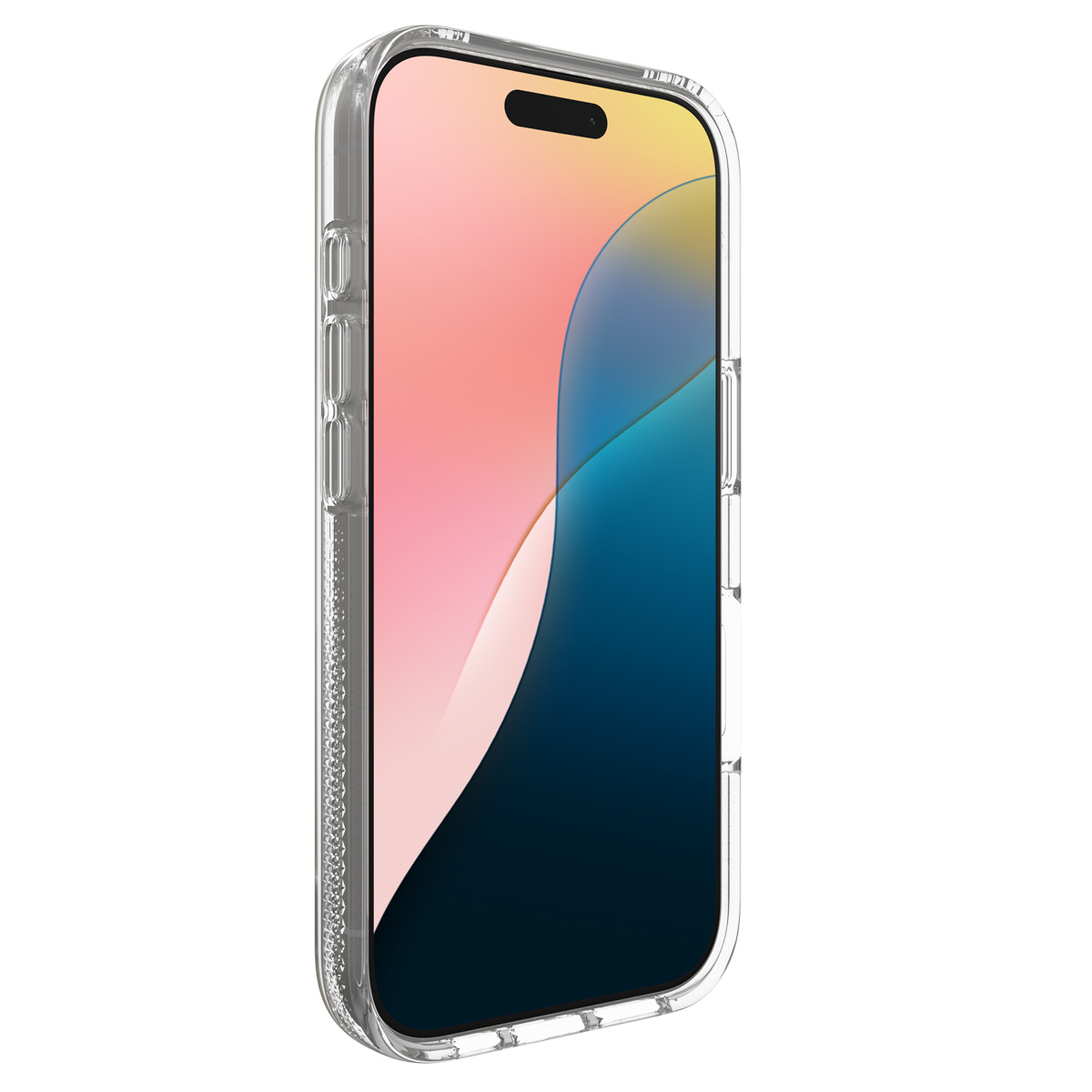 Transparente Handyhülle mit iPhone, Bildschirm sichtbar. Hülle hat klaren Umriss.