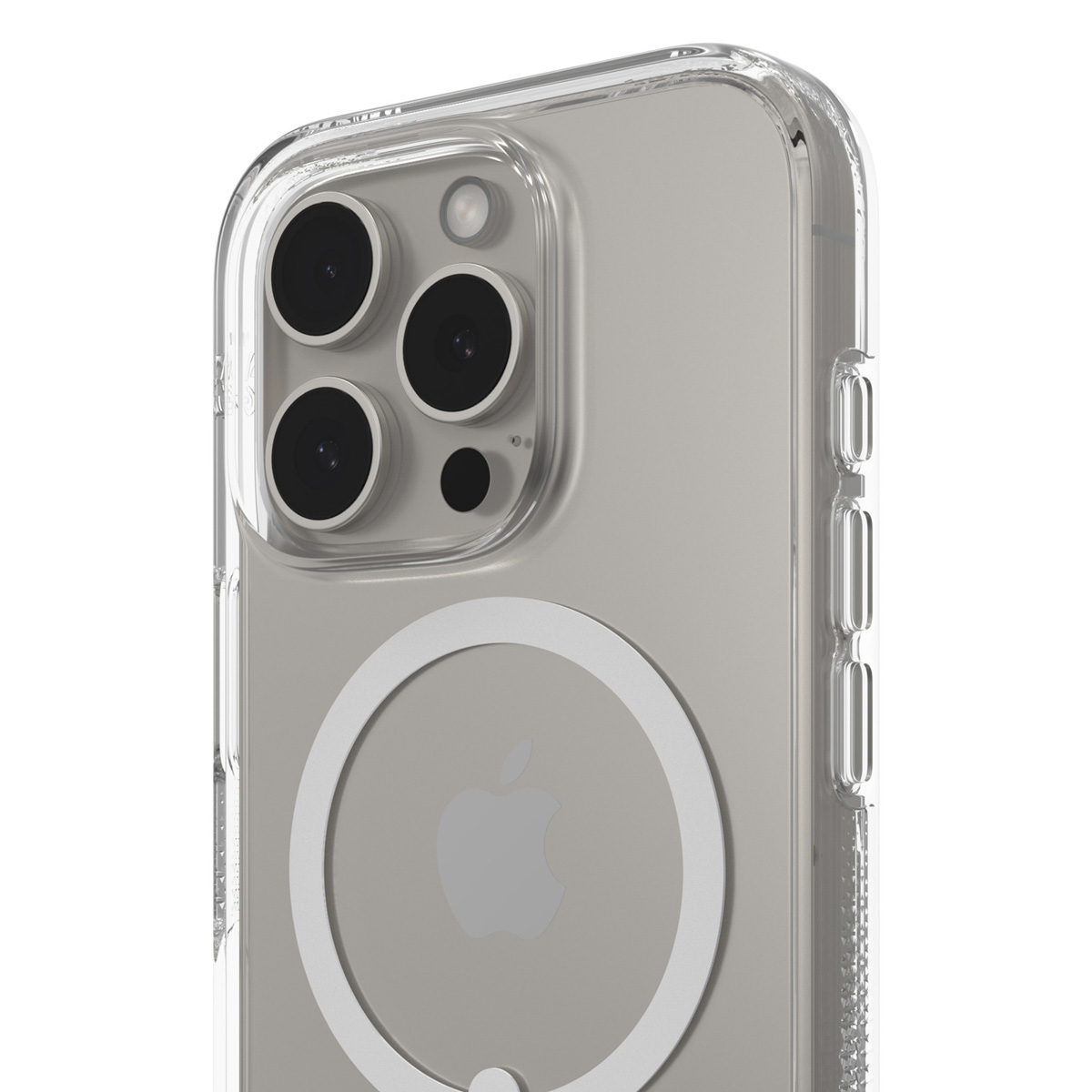 Nahaufnahme einer iPhone-Hülle mit Kameralinsen und einem MagSafe-Ring. Die Hülle ist transparent.