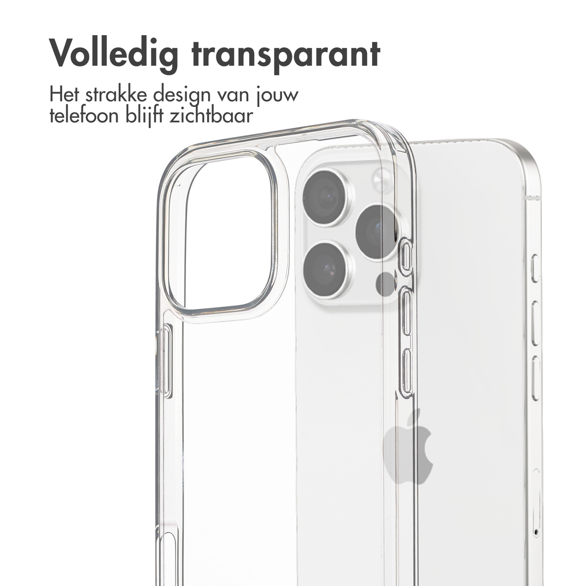 Custodia trasparente su sfondo bianco. Il telefono è visibile.