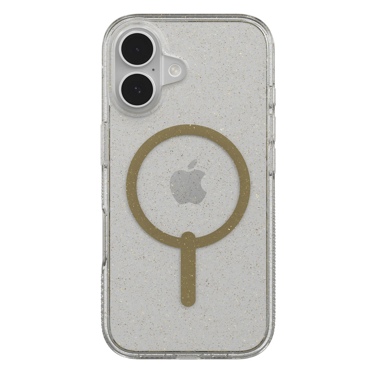 Transparente iPhone-Hülle mit goldenem Glitzer. Apple-Logo und Magnetkreis sind sichtbar.