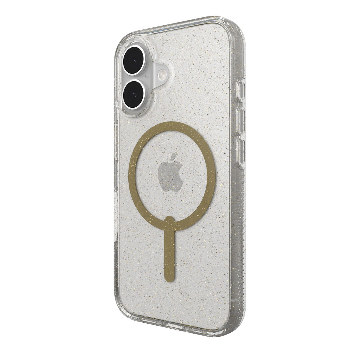 Glitzer-Handyhülle auf iPhone. Goldener Kreis. Apple-Logo. Telefon nach rechts geneigt.