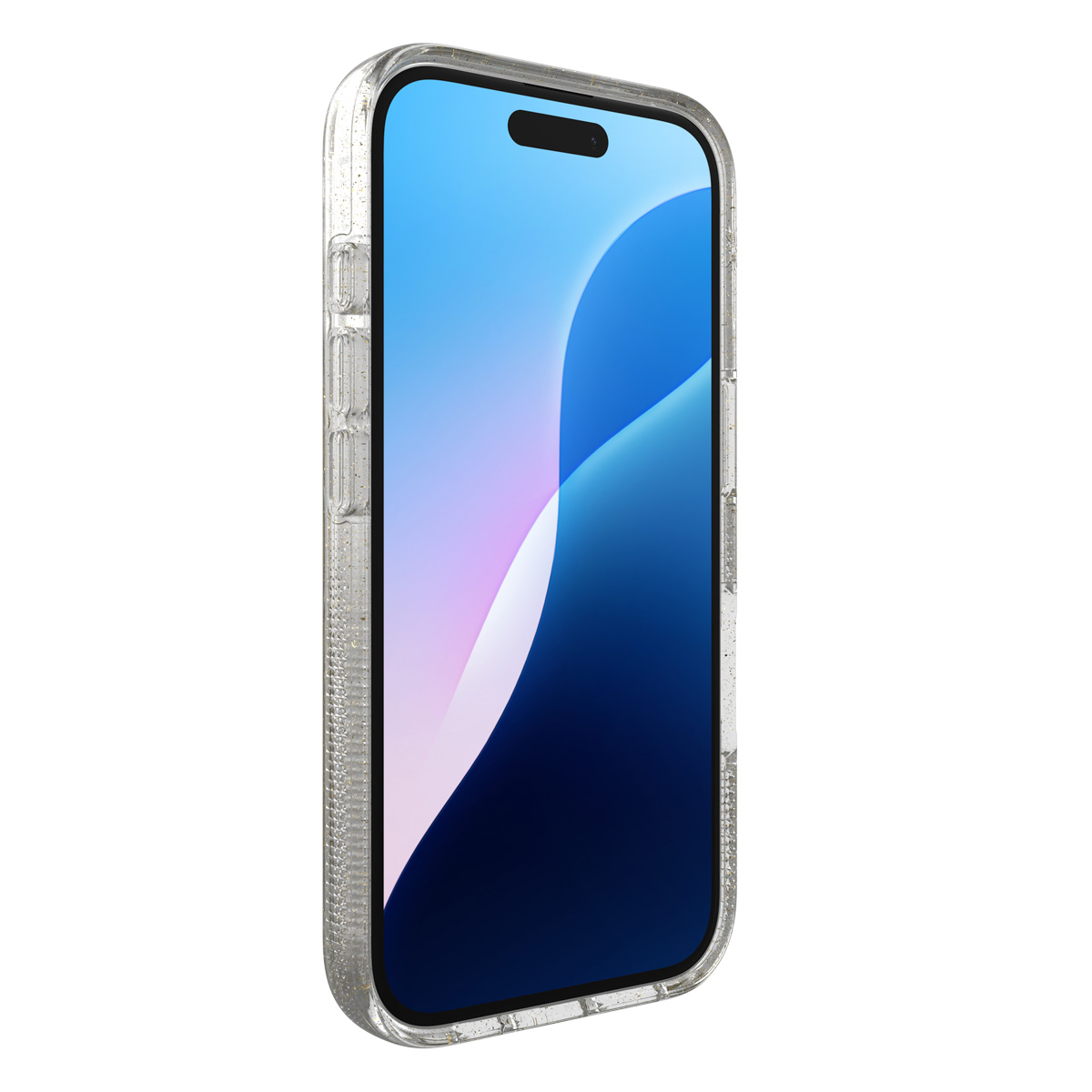 Telefon in einer transparenten Hülle. Der Bildschirm ist blau, der Rand glitzert.