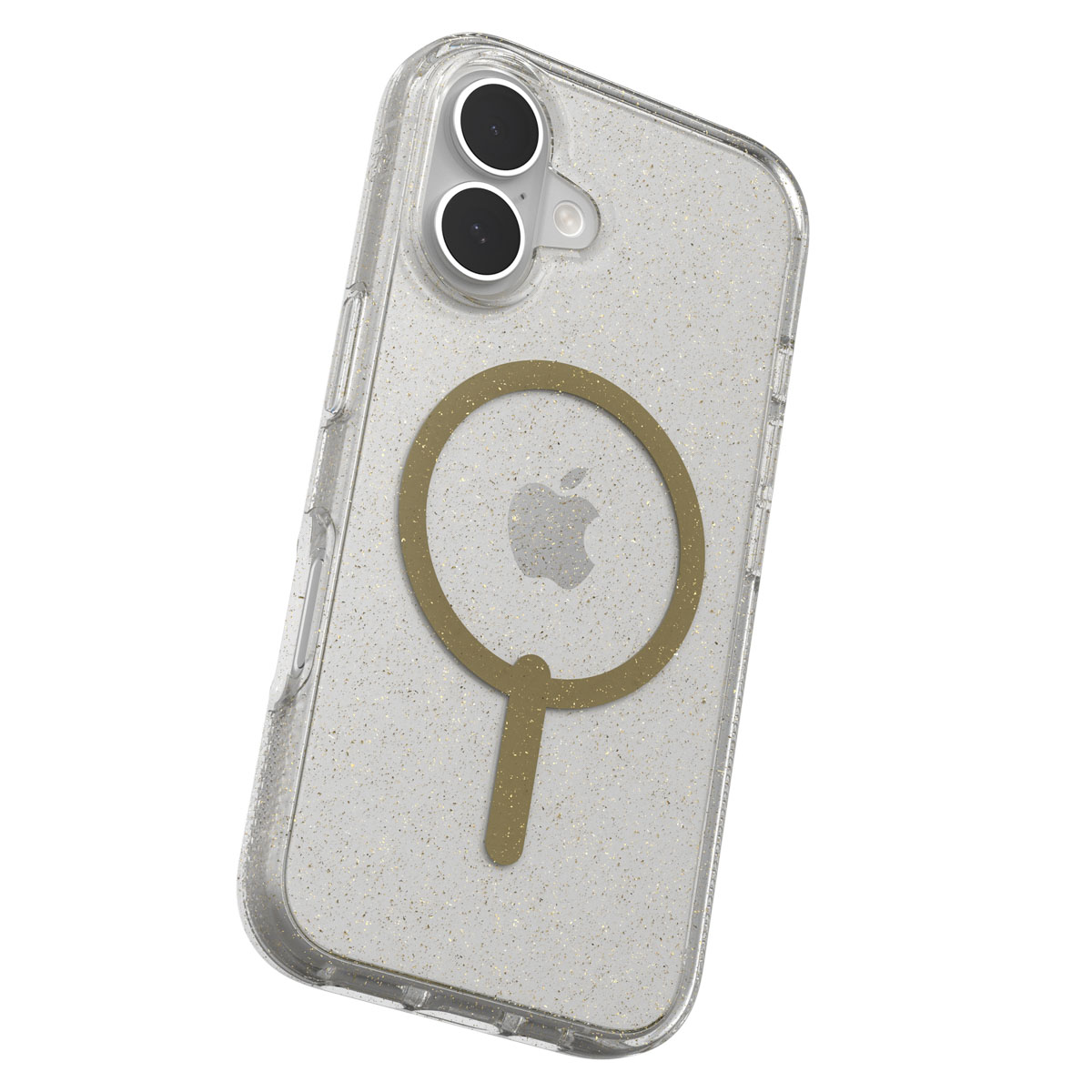 Transparente iPhone-Hülle mit Glitzer, goldenes Apple-Logo. Kamera ist sichtbar.
