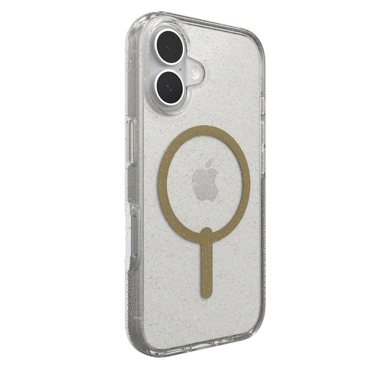 Transparente Handyhülle mit Glitzer und goldenem MagSafe-Ring. Zwei Kameralinsen sichtbar.
