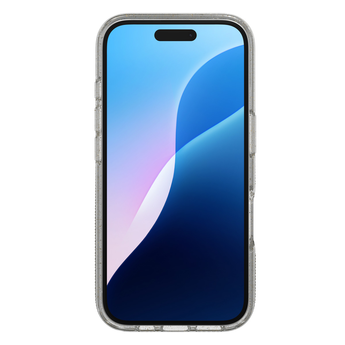 Smartphone in klarer Hülle, blaues Farbverlaufsdisplay. Weißer Hintergrund.