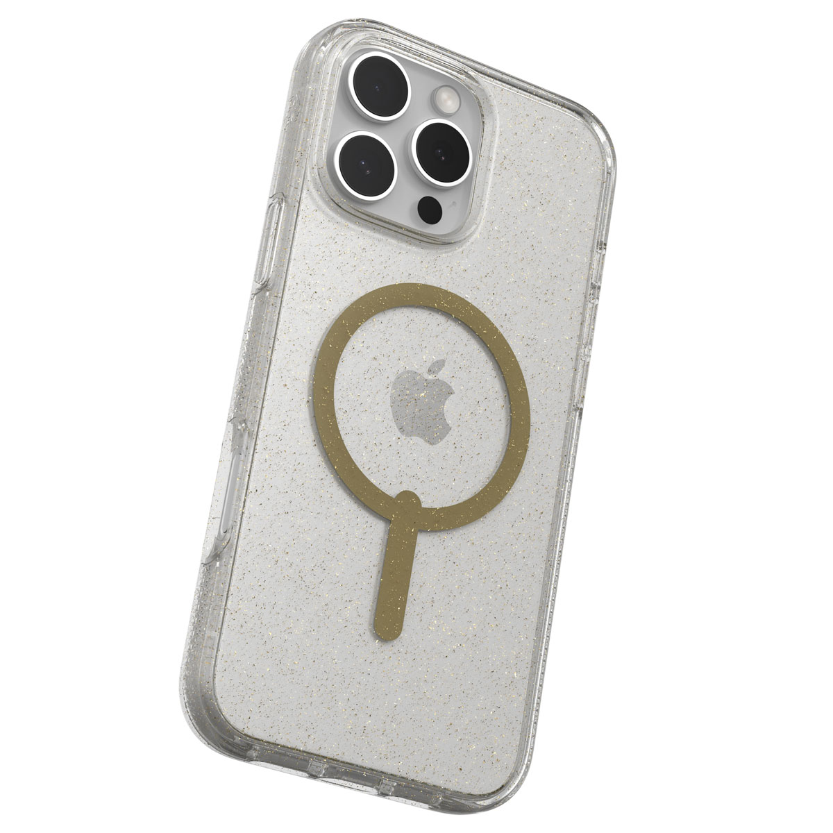 Un telefono in una custodia trasparente glitterata con un anello dorato. Il telefono mostra il logo Apple.