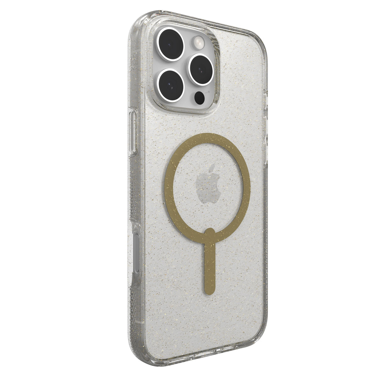 Custodia glitterata con 3 fotocamere. La custodia ha un anello dorato.
