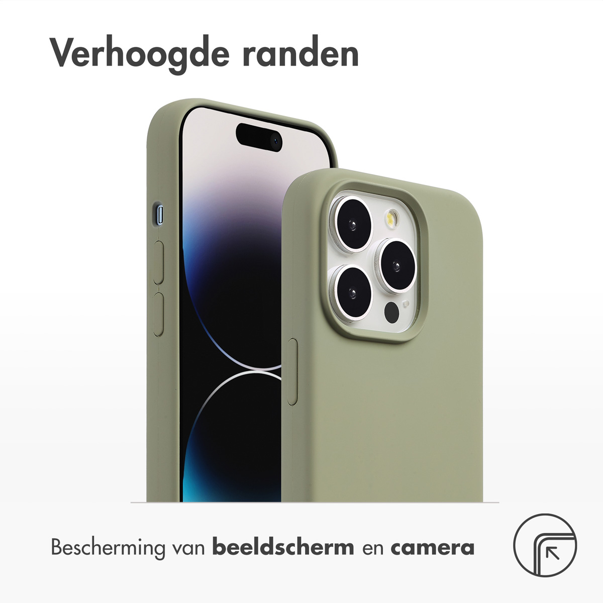 Een telefoon in een groene hoes. Verhoogde randen zijn gemarkeerd. Witte achtergrond.