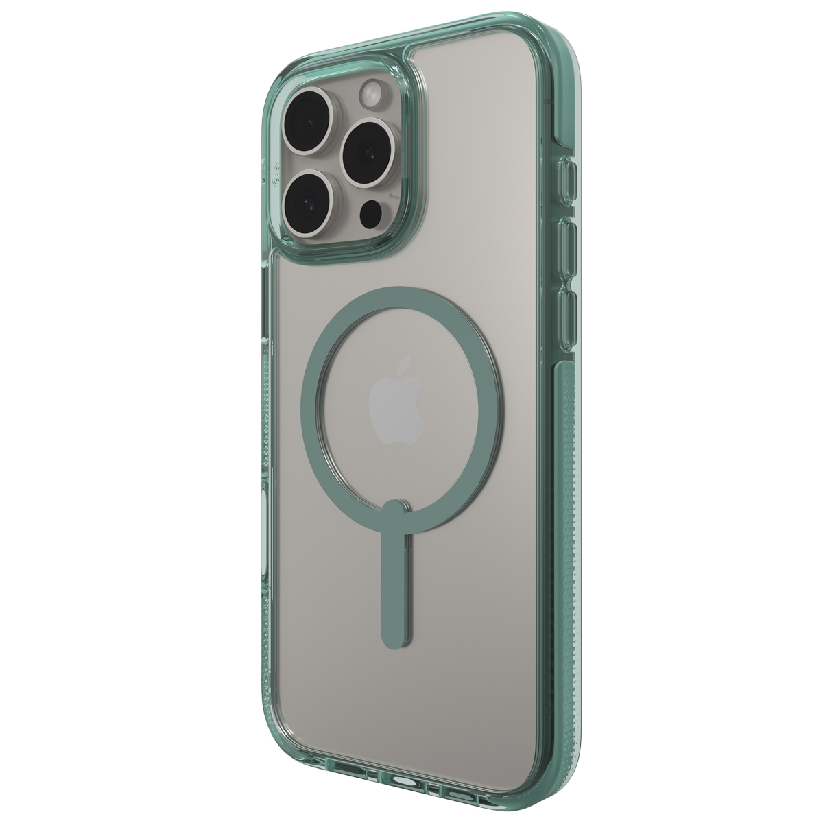 iPhone in een doorzichtige hoes met groene accenten. Apple-logo. Achterkant, camera zichtbaar.
