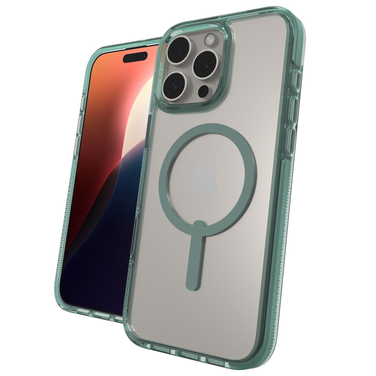 iPhone in een hoesje, een andere iPhone ernaast. Groene hoes en Apple logo zichtbaar.
