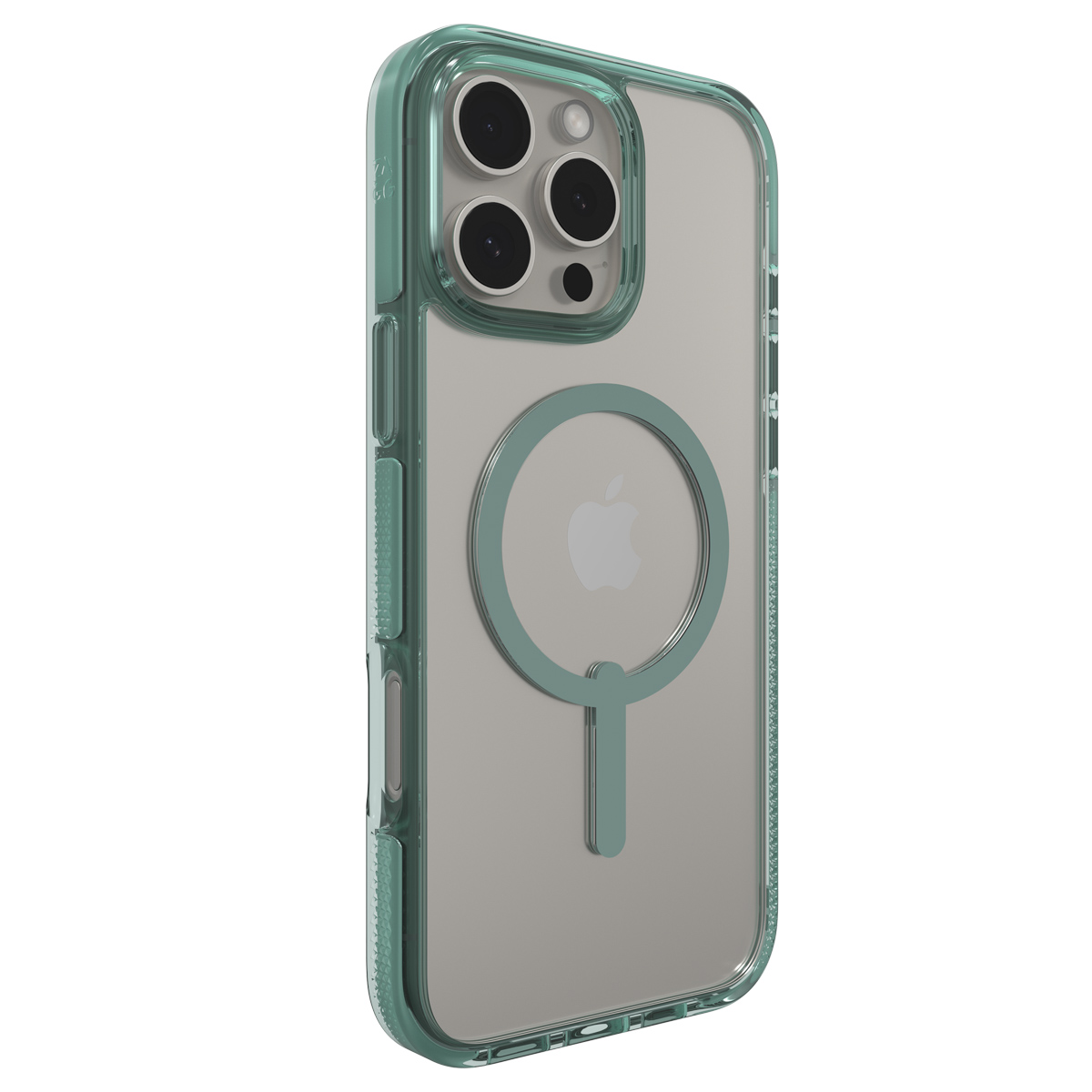 Een telefoon in een blauwgroene hoes. De telefoon heeft een camera en een cirkel met het Apple-logo.