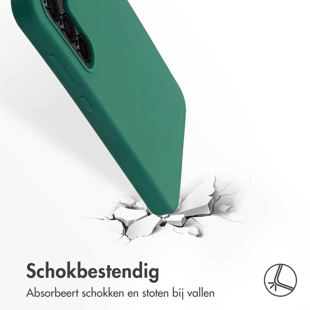 Custodia verde che impatta una superficie, rompendola. Testo: 'Antishock'.