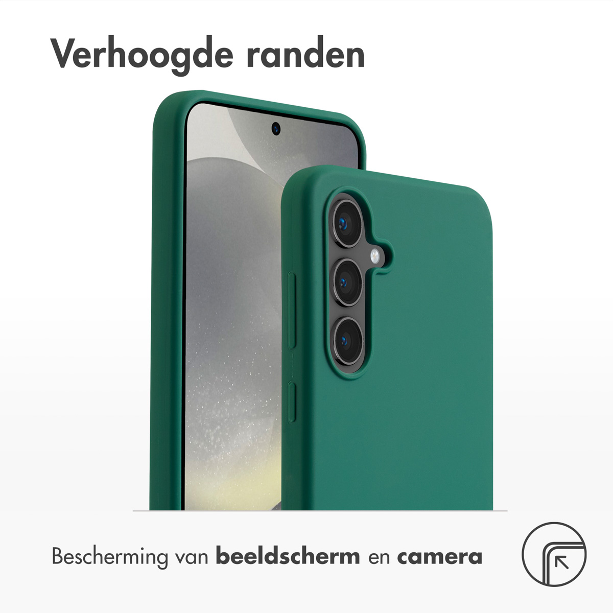 Groene telefoonhoes op een telefoon. Beschermt scherm en camera. Tekst in het Nederlands.