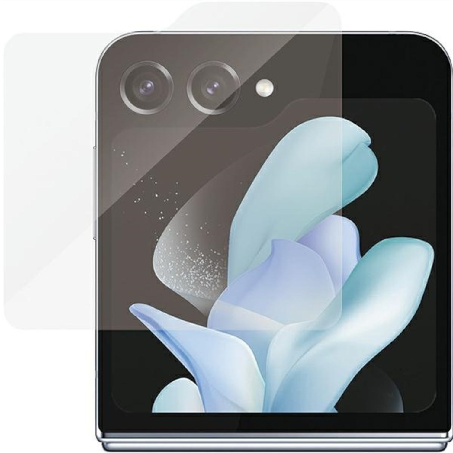 Una protezione per lo schermo su un telefono mostra un disegno. Il telefono ha una fotocamera.