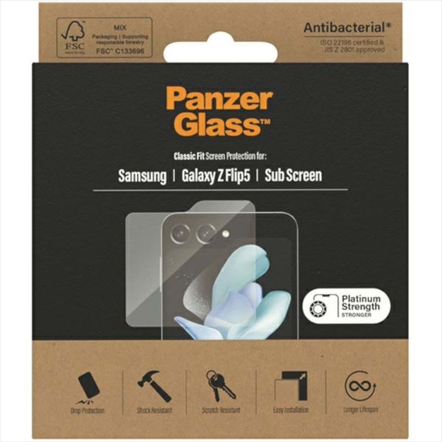 Scatola di protezione schermo per Samsung Galaxy Z Flip5. Immagine del telefono e protezione sulla scatola.