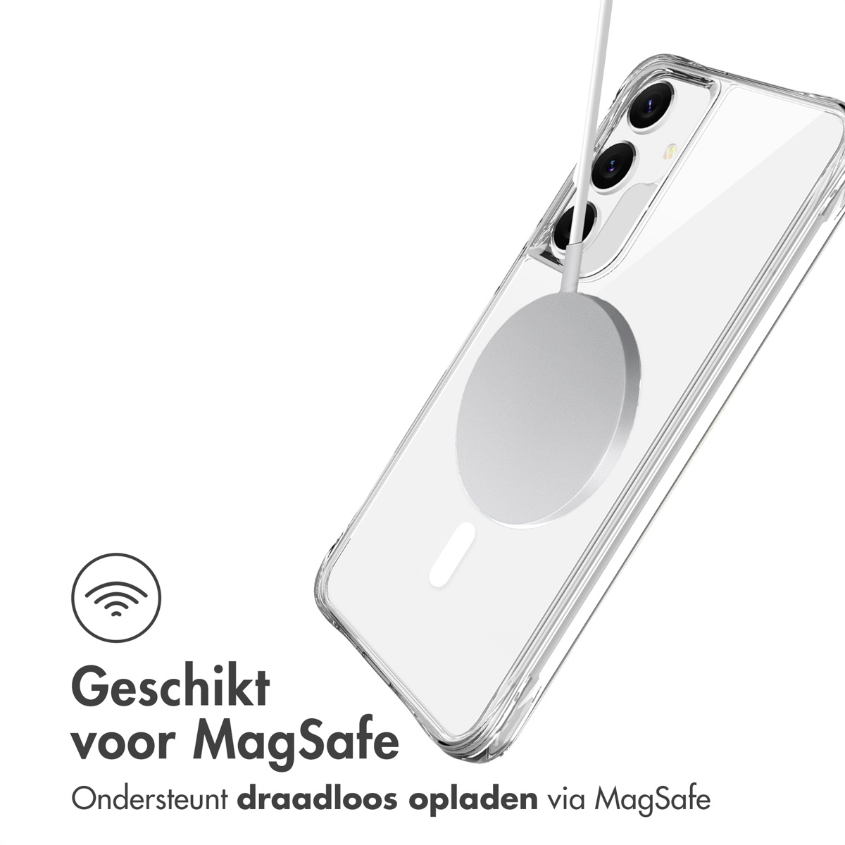Coque transparente avec chargeur MagSafe. Une coque blanche avec un chargeur magnétique attaché.