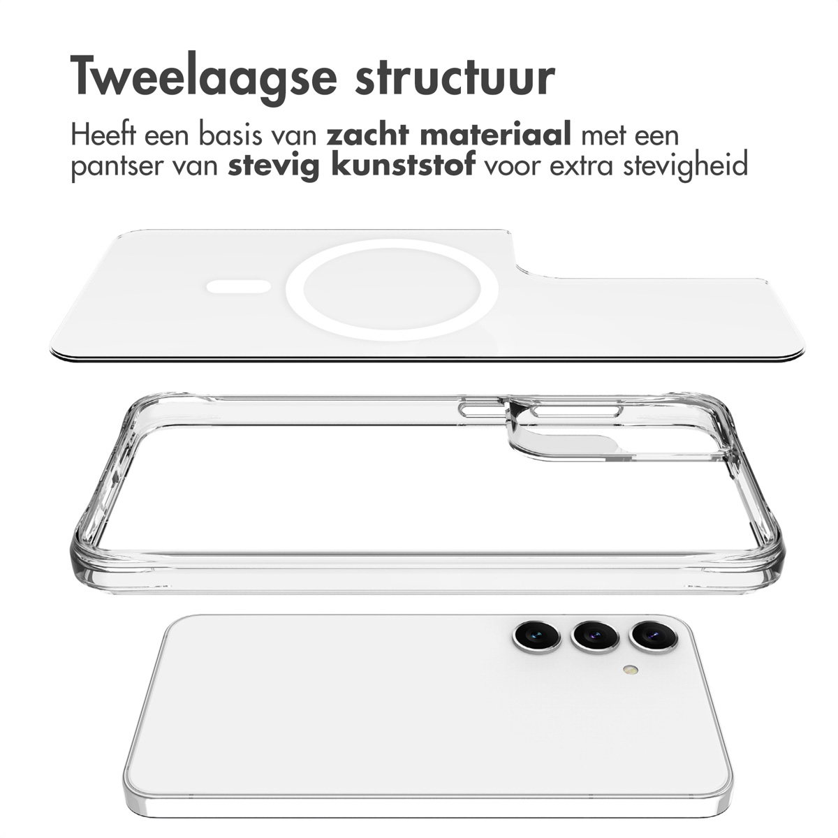 Composants de coque de téléphone transparente, montrant les couches. Le haut est une pièce MagSafe.