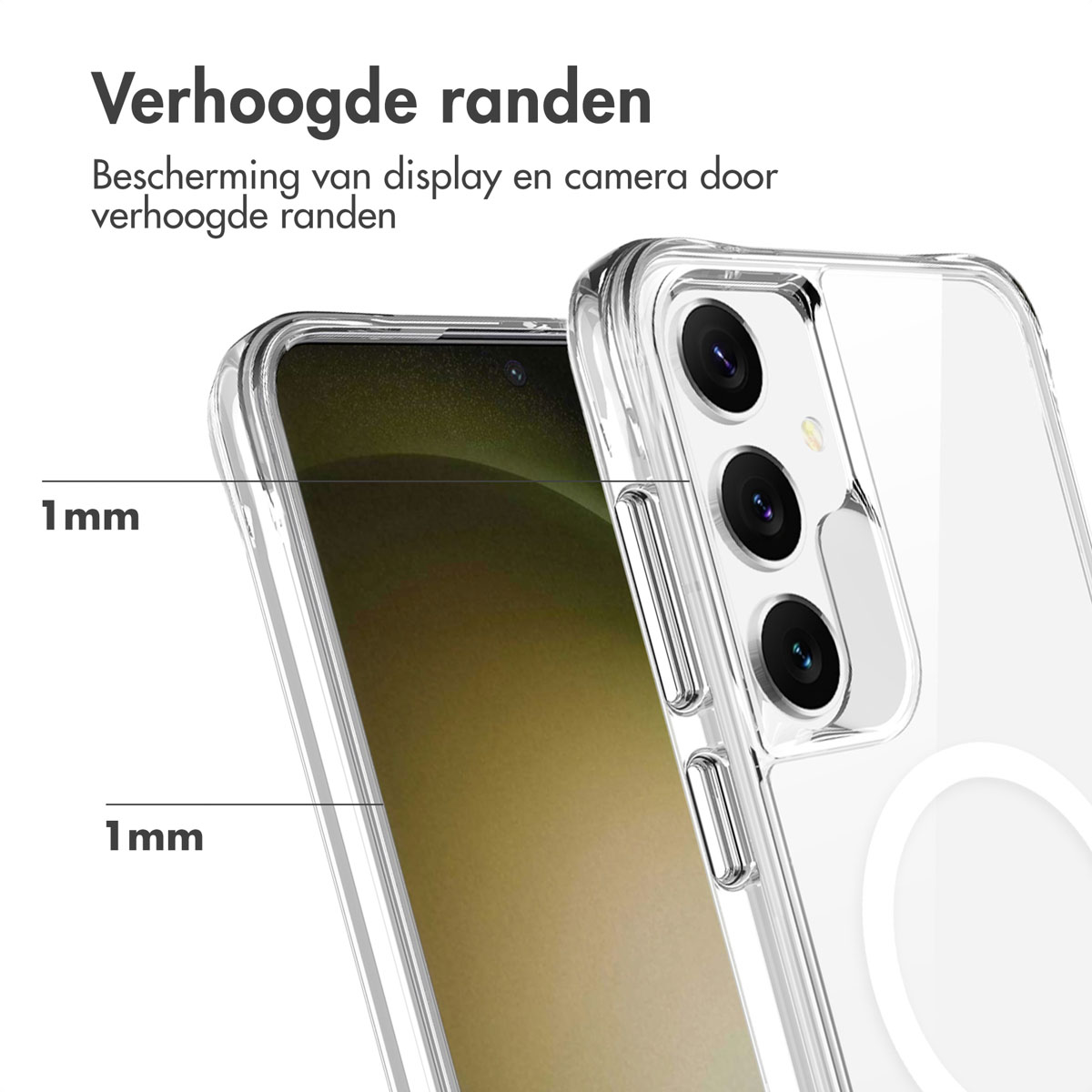 Coque de téléphone avec bords surélevés. Montre l'appareil photo et l'écran.
