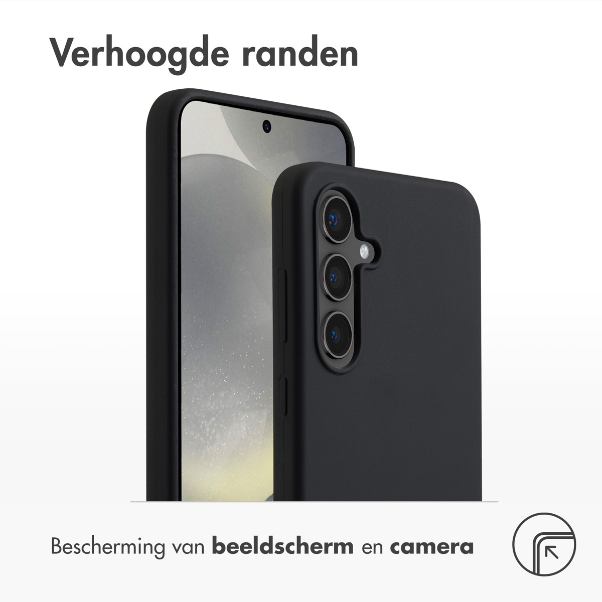 Zwarte telefoonhoes naast een telefoon. Tekst: 'Verhoogde randen' en 'Scherm- en camerabescherming'.