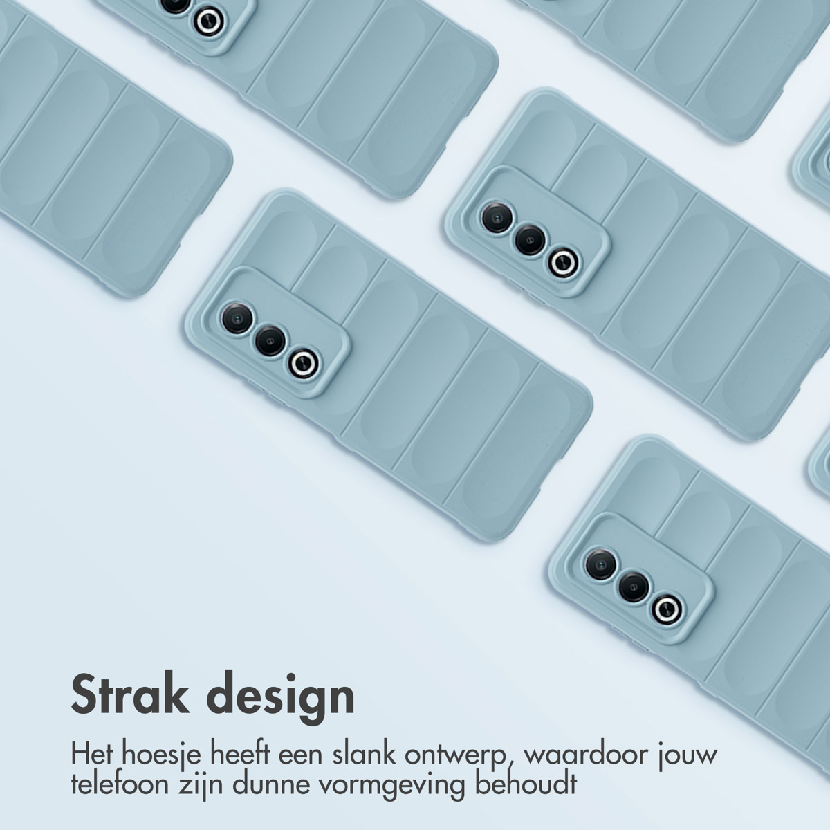 Coques bleues avec texte, fond blanc. Texte : 'Strak design'.