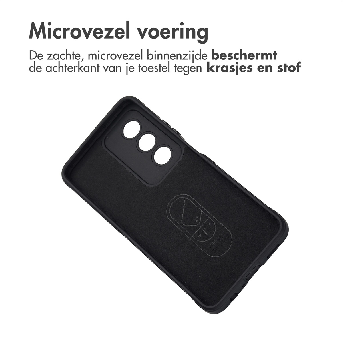 Intérieur de coque noire, texte et fond blanc. Doublure en microfibre.