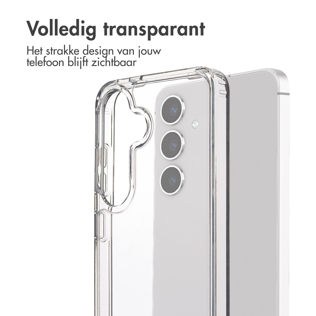 Una custodia trasparente per telefono su un telefono bianco. Il testo recita 'Completamente trasparente' in olandese.