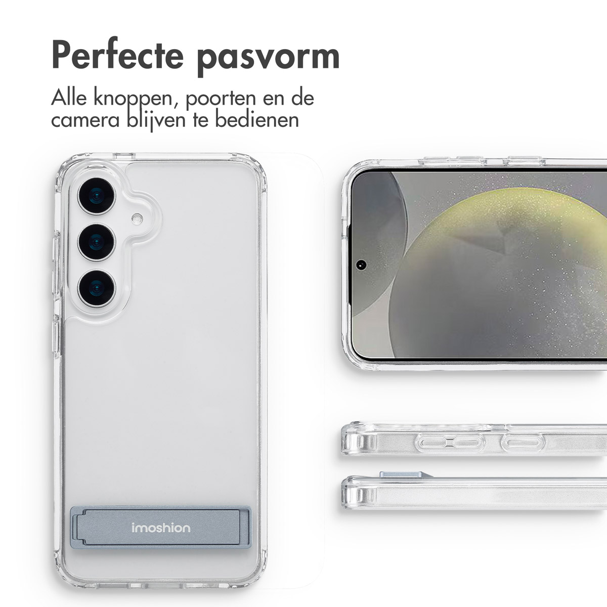 Custodia trasparente per telefono con telefono all'interno, su sfondo bianco, che mostra porte e pulsanti.