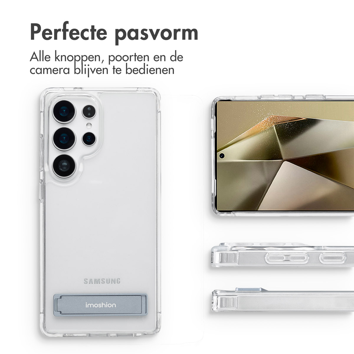 Custodia trasparente, telefono Samsung, sfondo bianco. Testo: 'Perfect fit'.