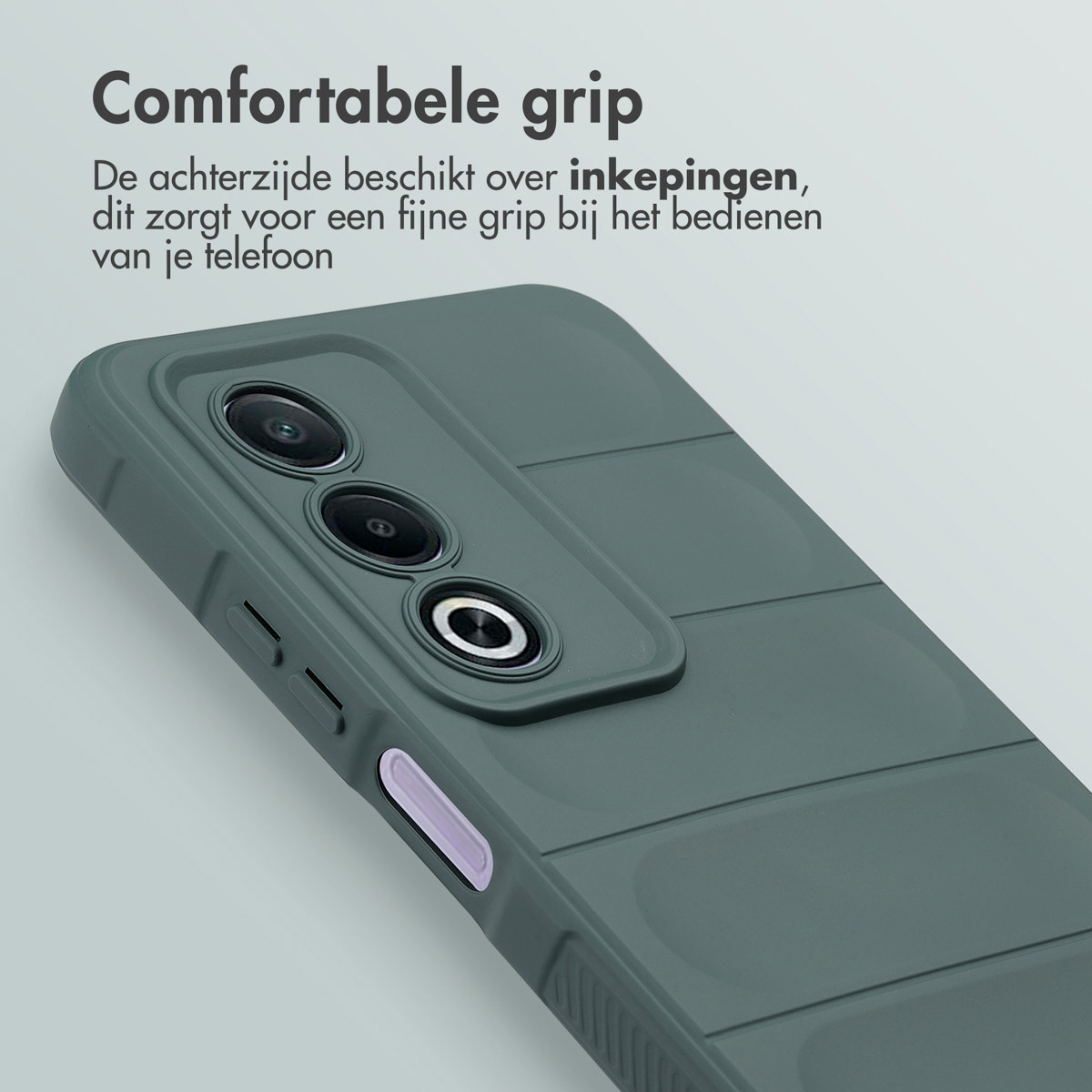 Gros plan d'une coque de téléphone verte. Surface texturée. Texte : 'Prise en main confortable'.