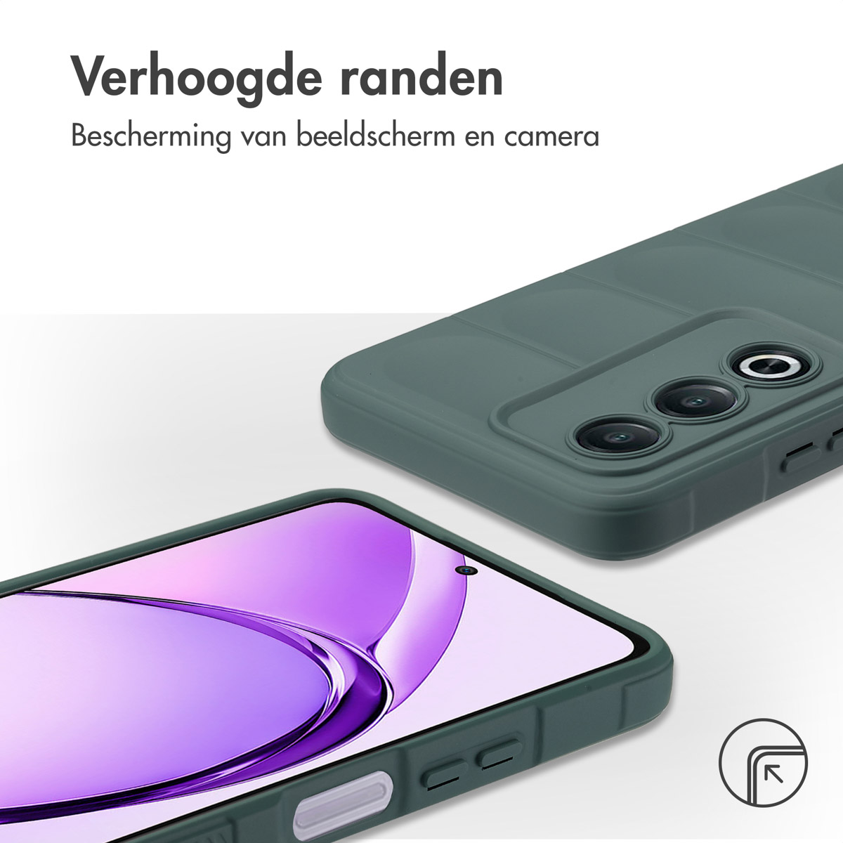 Coque de téléphone verte sur un téléphone. La coque a des bords surélevés et une protection d'écran.