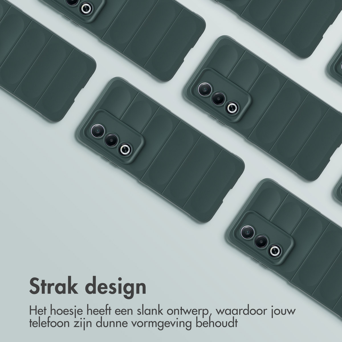 Vue de dessus de plusieurs coques de téléphone vert foncé. Le design est élégant et minimaliste.