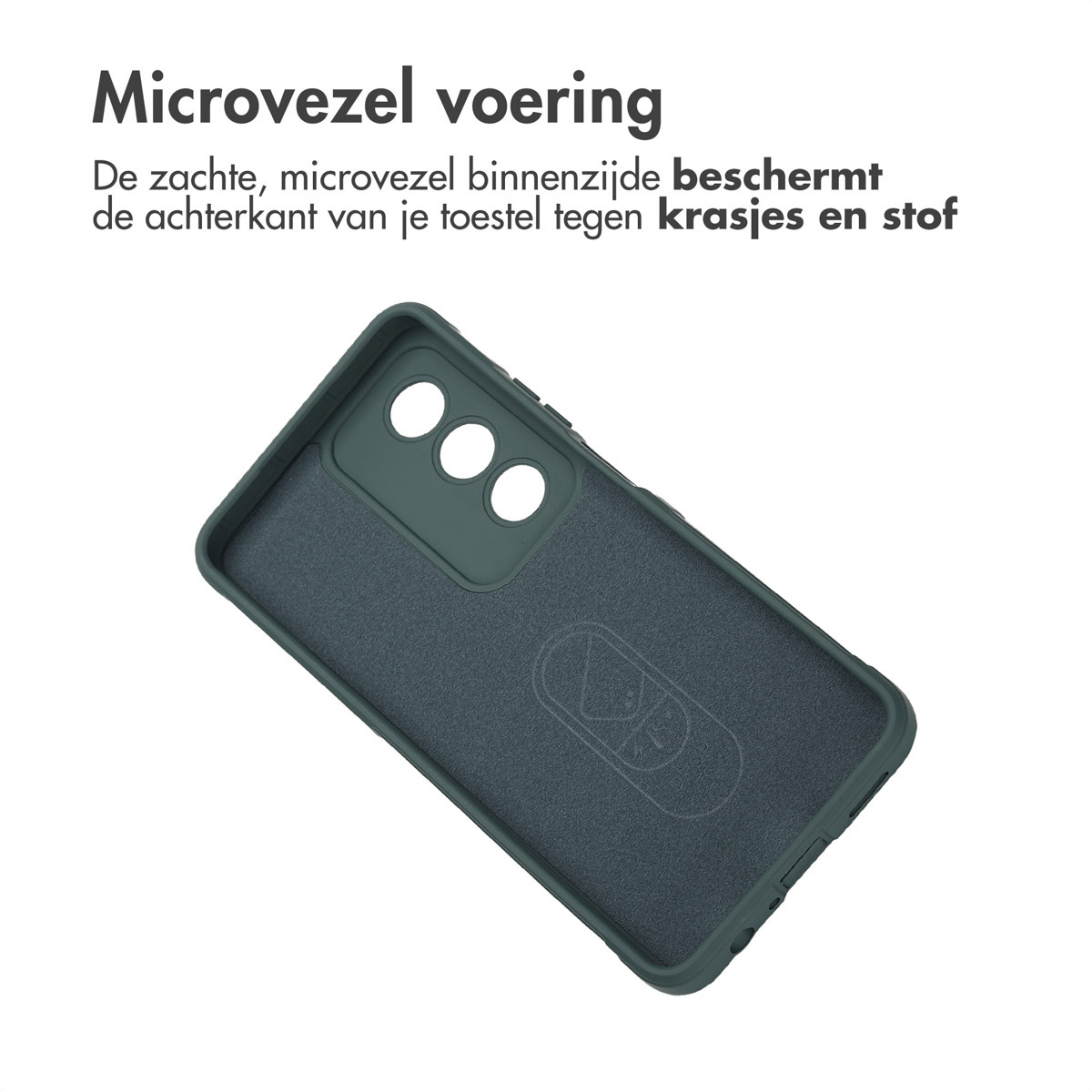 Intérieur de coque de téléphone avec doublure en microfibre. Une coque vert foncé.