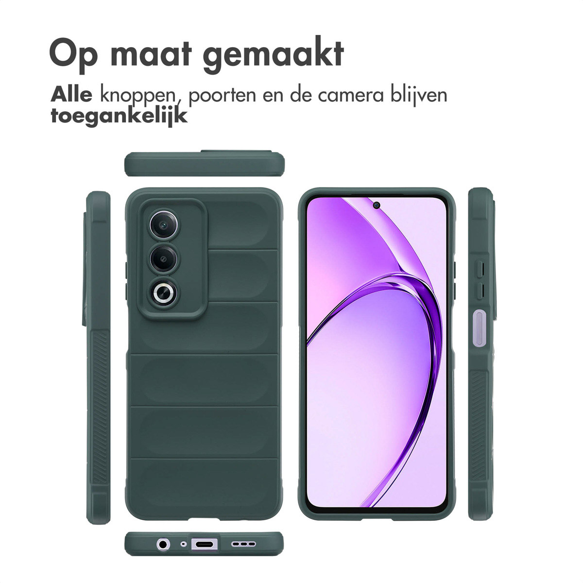 Coque de téléphone verte sous différents angles. La coque a un dos texturé et une découpe pour la caméra.