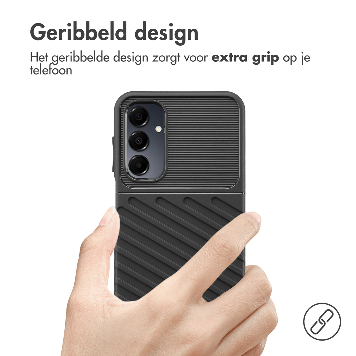 Hand houdt een zwarte telefoonhoes met een geribbeld ontwerp vast. Tekst zegt 'Geribbeld ontwerp', extra grip.