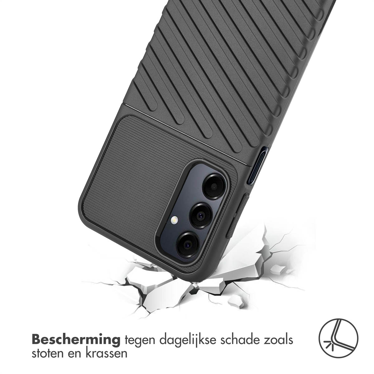 Telefoonhoes op wit beton, dat de bescherming toont. Heeft een textuurontwerp.