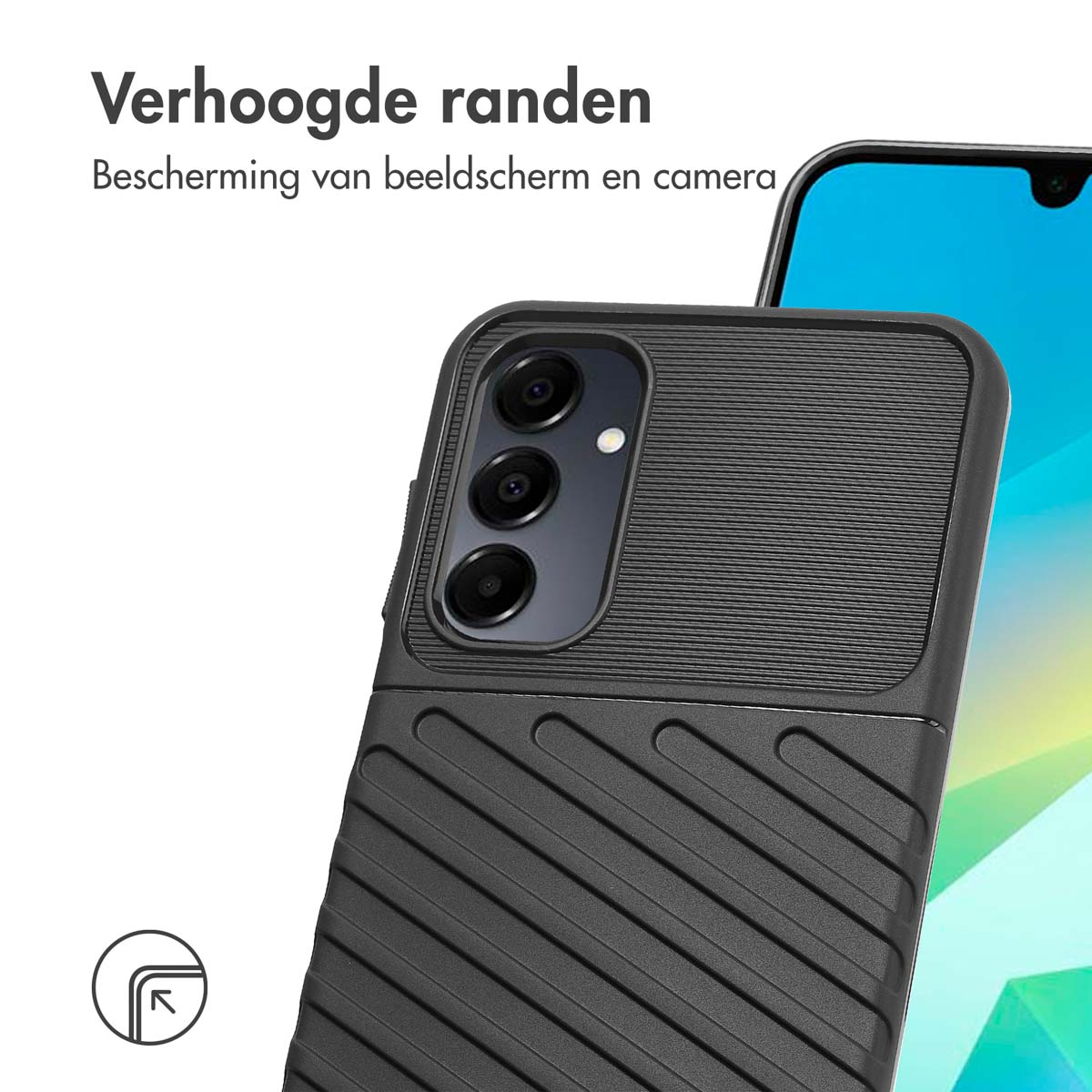 Telefoonhoesje op een telefoon, zwart, met het scherm en de textuur van de hoes.