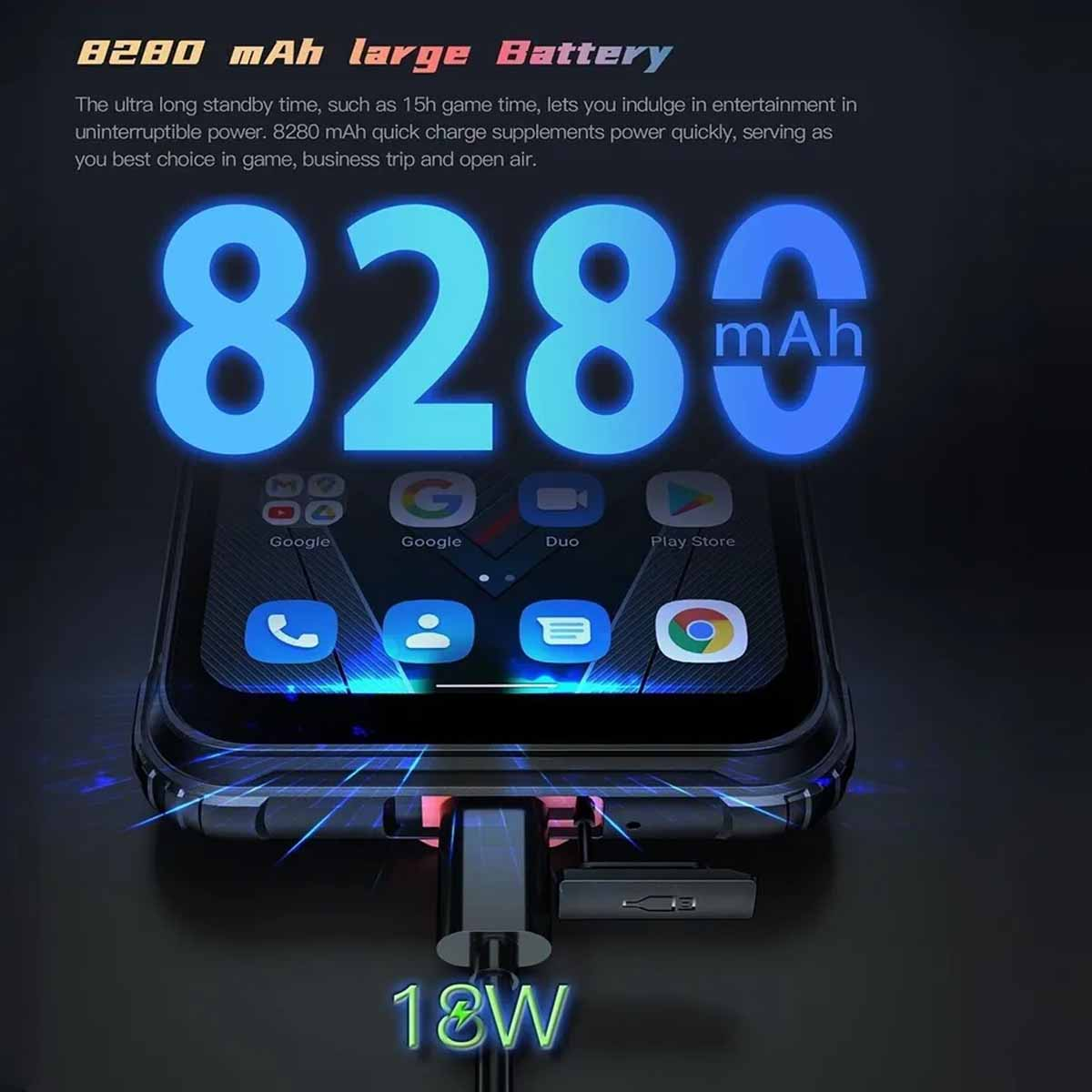 Ein Telefon zeigt einen Bildschirm mit Symbolen und einem eingesteckten Ladekabel. Der Text lautet 8280 mAh Akku.
