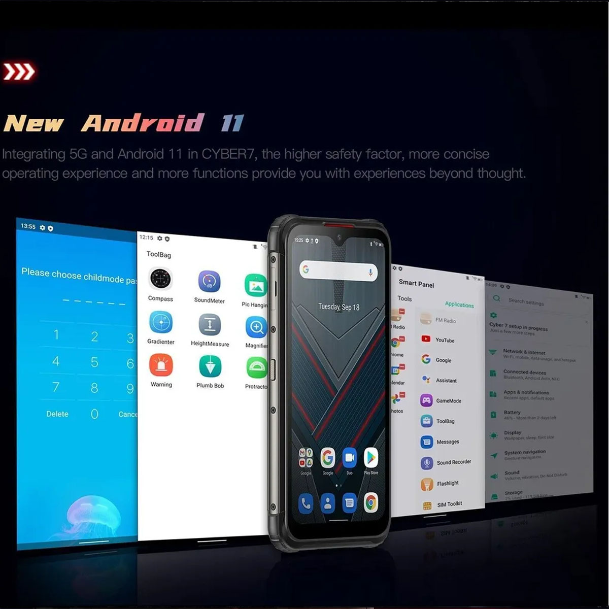 Smartphone mit mehreren App-Bildschirmen. Text: Neues Android 11. Schwarz-Blau-Töne.